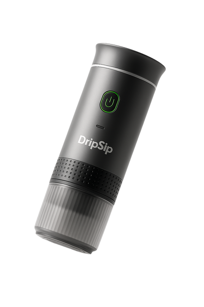 A metallic grey DripSip coffee tool, shown in an upright position against a white background.