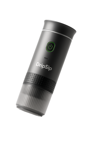 A metallic grey DripSip coffee tool, shown in an upright position against a white background.